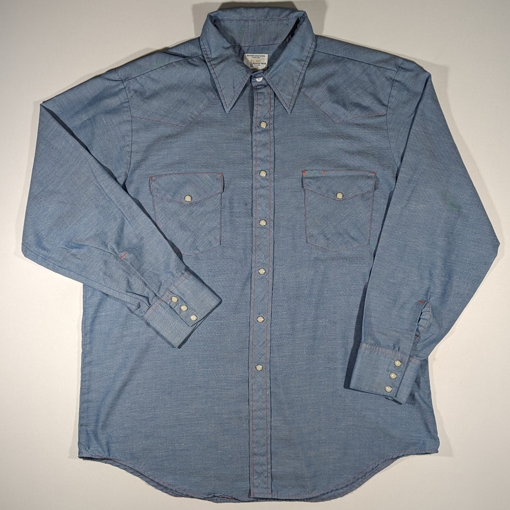 Vintage 70s JCPenney Big Mac Western Work Wear Pearl Snap Shirt Size XL Blue